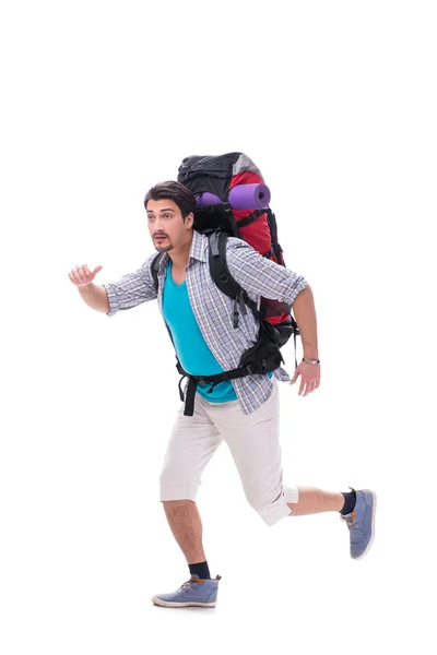 Backpacker med stor ryggsäck isolerad på vit — Stockfoto
