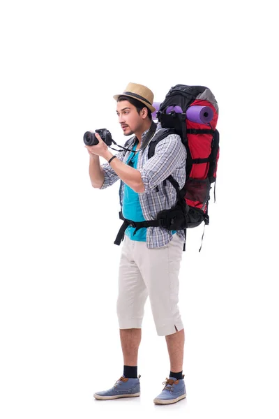 Beyaz arka plan üzerinde izole kamera ile Backpacker — Stok fotoğraf