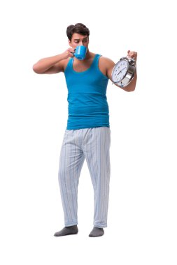 Uyanan adam, beyaz alarmlı saat ile izole