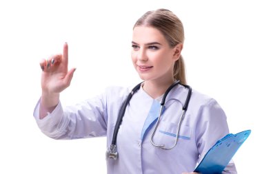 Genç kadın doktor beyaz arka planda izole edilmiş.