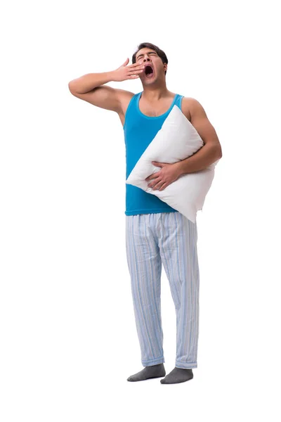 Mężczyzna budzi się z budzikiem odizolowanym na biało — Zdjęcie stockowe