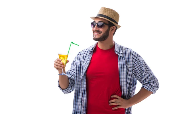 Grappige jongeman met cocktail geïsoleerd op wit — Stockfoto