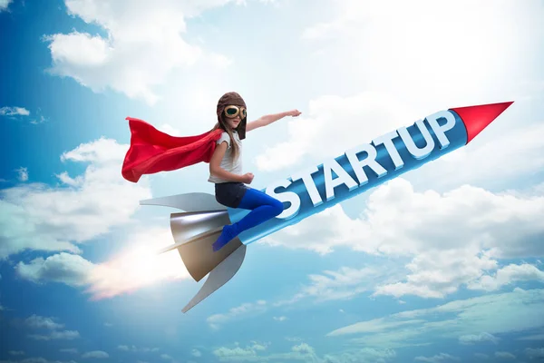 Small kid in start-up concept flying rocket — Stock Photo, Image