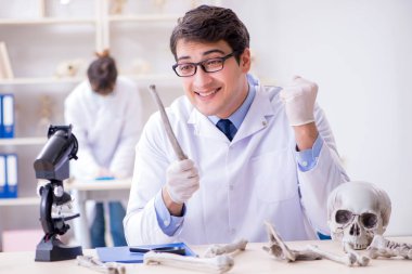 Profesör laboratuvarda insan iskeletini inceliyor.