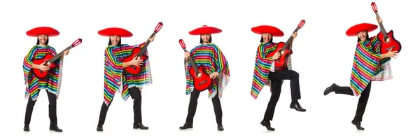 Mexican in vivid poncho holding guitar isolated on white — Stock Photo, Image