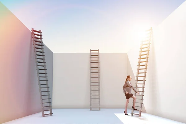 Businesswoman climbing a ladder to escape from problems — Stock Photo, Image