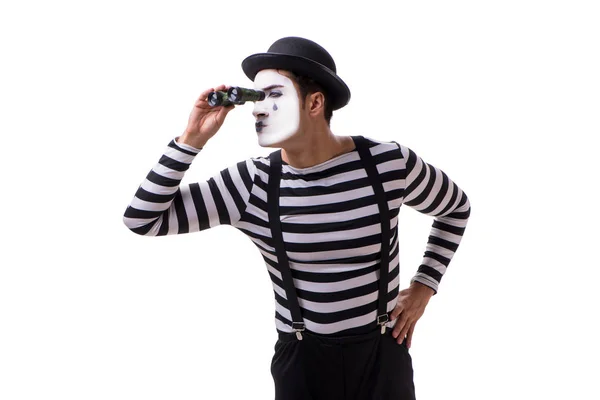 Mime mit Fernglas isoliert auf weißem Hintergrund — Stockfoto
