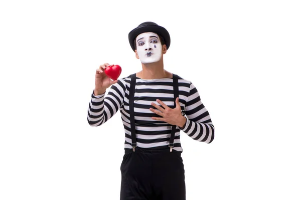 Mime segurando coração vermelho isolado no fundo branco — Fotografia de Stock