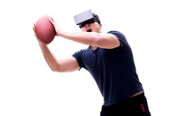 Man playing with virtual reality glasses on white background — Stock Photo, Image