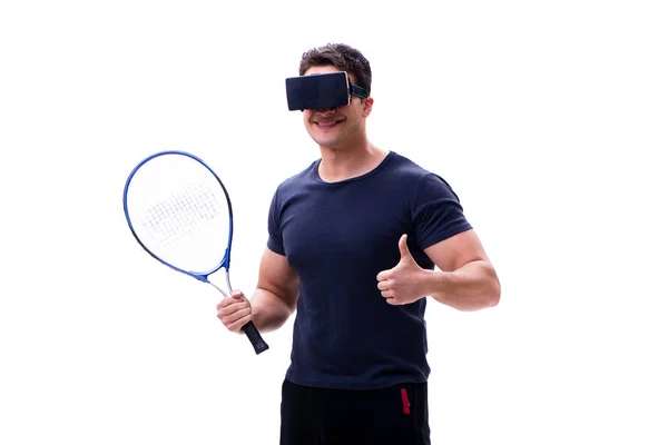 Człowiek bawi się okularami wirtualnej rzeczywistości na białym tle — Zdjęcie stockowe
