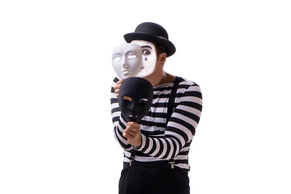 Мим с масками на белом фоне — стоковое фото
