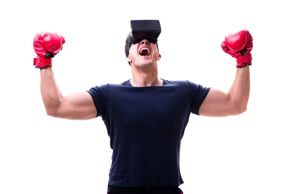 Człowiek bawi się okularami wirtualnej rzeczywistości na białym tle — Zdjęcie stockowe