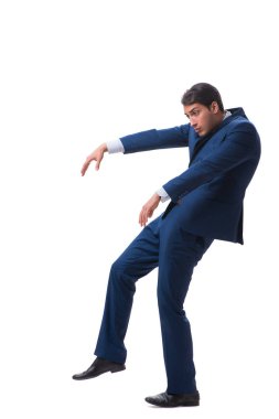 Beyaz arka plan üzerinde izole genç kukla işadamı