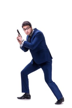 Beyaz arka plan üzerinde izole silahla işadamı