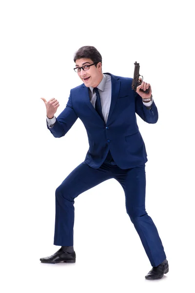 Бизнесмен с пистолетом изолирован на белом фоне — стоковое фото