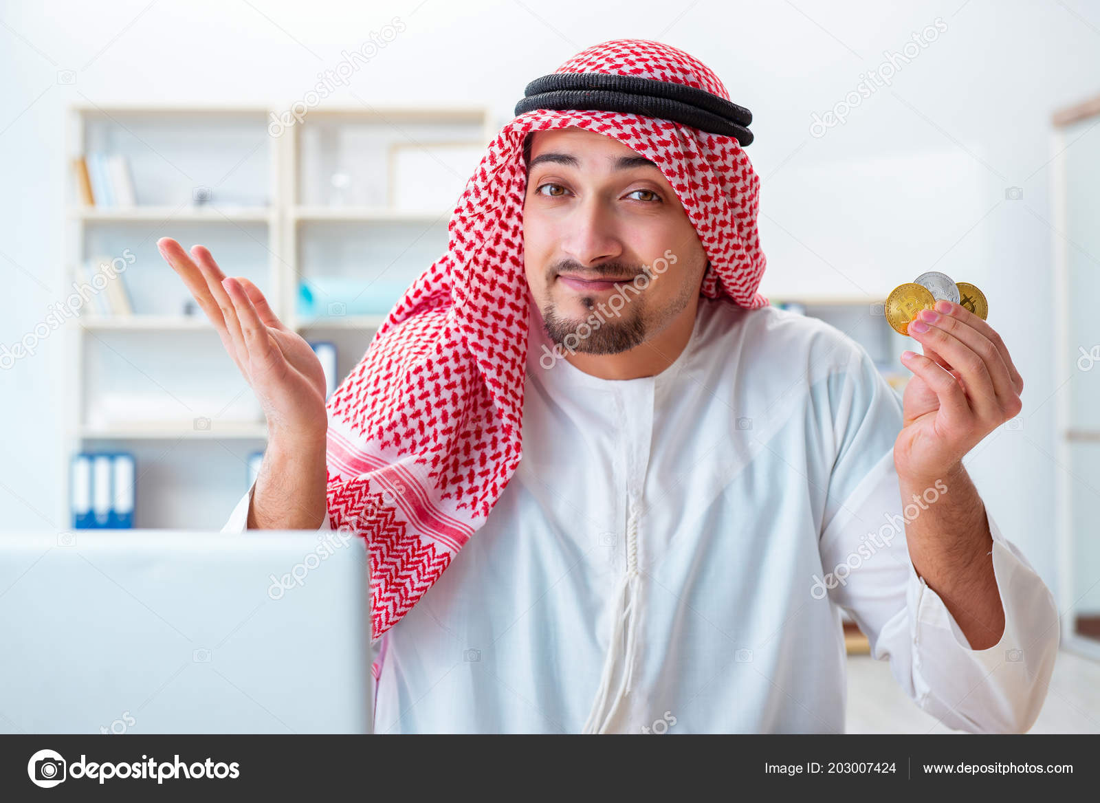 Arab man with bitcoin in cryptocurrency mining concept — Stock Editorial  Photo © Elnur_ #203007424