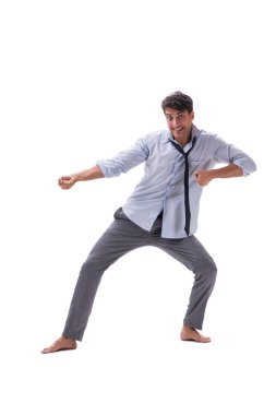 Yalınayak iş adamı beyaz arka planda izole edilmiş.