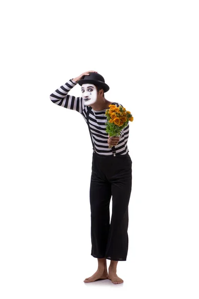 Mime with bunch of flowers isolated on white — Stock Photo, Image
