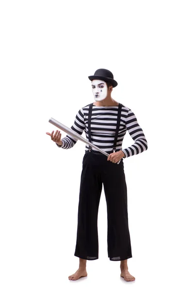 Mime met honkbalknuppel geïsoleerd op wit — Stockfoto