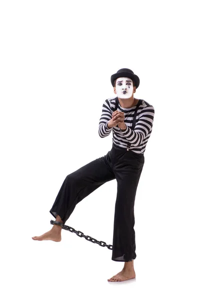Mime with his feet chained isolated on white — Stock Photo, Image