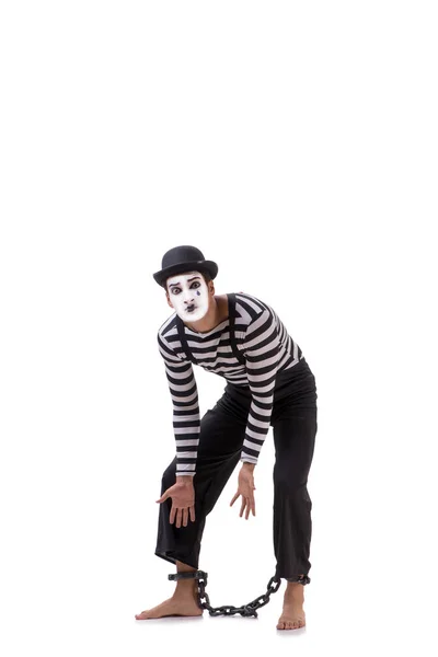 MIME met zijn voeten geketend geïsoleerd op wit — Stockfoto