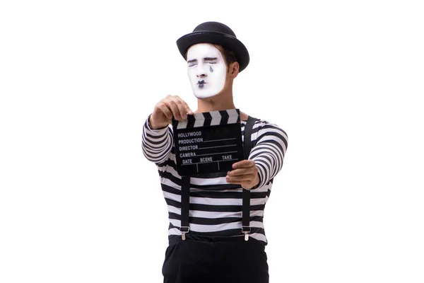 带有影片 clapperboard 的 Mime 与白色隔离 — 图库照片