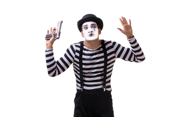 Mime with handgun isolated on white background — Stock Photo, Image