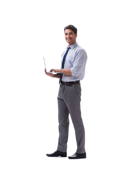 Homem de negócios com laptop isolado no branco — Fotografia de Stock