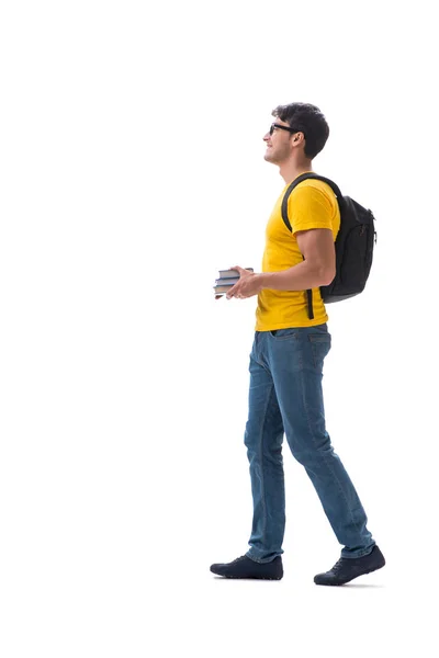 Joven estudiante con libros aislados en blanco — Foto de Stock