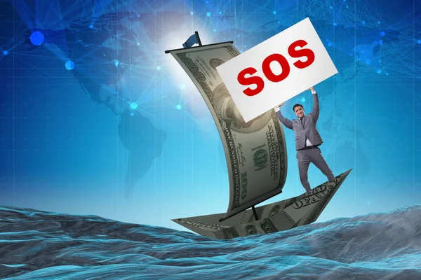 Affärsman ber om hjälp med SOS meddelande på båten — Stockfoto