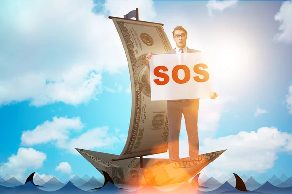 Businessman asking for help with SOS message on boat — Stock Photo, Image