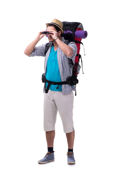 Backpacker mit großem Rucksack isoliert auf weiß — Stockfoto