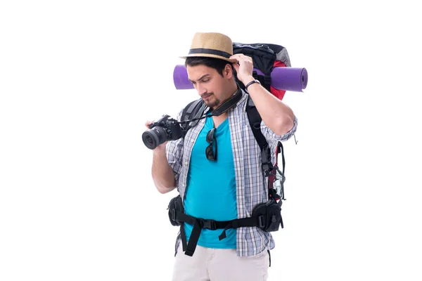 Backpacker mit Kamera isoliert auf weißem Hintergrund — Stockfoto