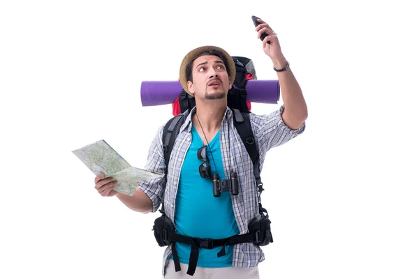 Man lost and looking for direction with map on white — Stock Photo, Image