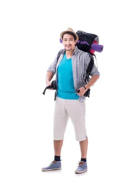 Backpacker mit großem Rucksack isoliert auf weiß — Stockfoto