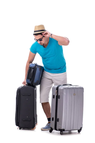 Resenär med mycket bagage isolerad på vit bakgrund — Stockfoto