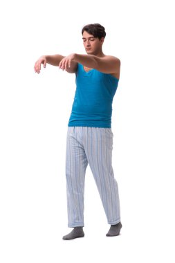 Uyanan adam, beyaz alarmlı saat ile izole