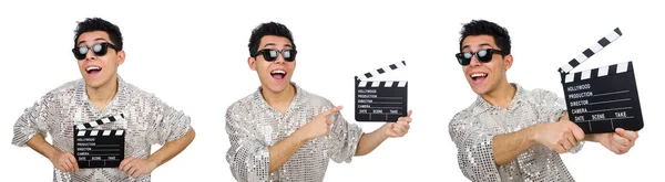 Homem com filme clapperboard isolado em branco — Fotografia de Stock