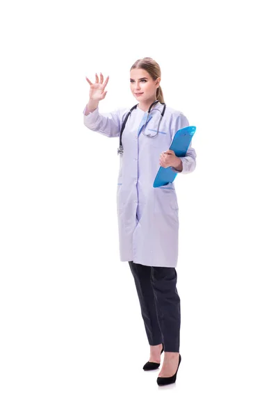 Genç kadın doktor beyaz arka planda izole edilmiş. — Stok fotoğraf