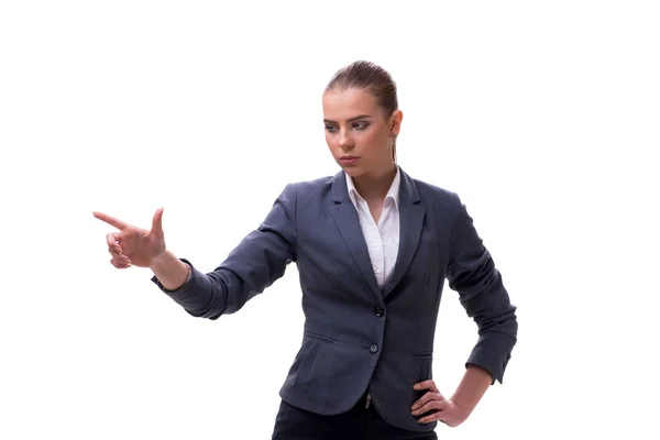 Junge Geschäftsfrau drückt virtuellen Knopf auf Weiß — Stockfoto