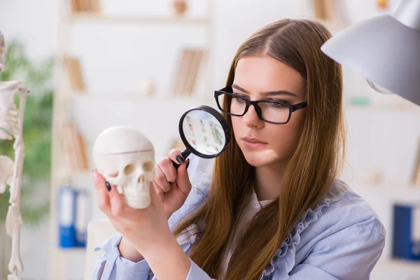 Student sedí ve třídě a studuje kostru — Stock fotografie