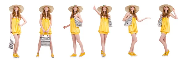 Junge Frau in gelbem Sommerkleid isoliert auf weißem Grund — Stockfoto