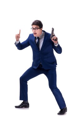 Beyaz arka plan üzerinde izole silahla işadamı