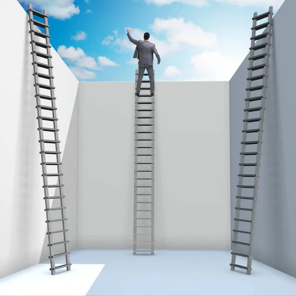 Empresario subiendo una escalera para escapar de problemas — Foto de Stock