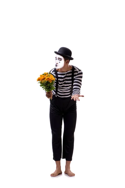 Mime mit Blumenstrauß isoliert auf weiß — Stockfoto