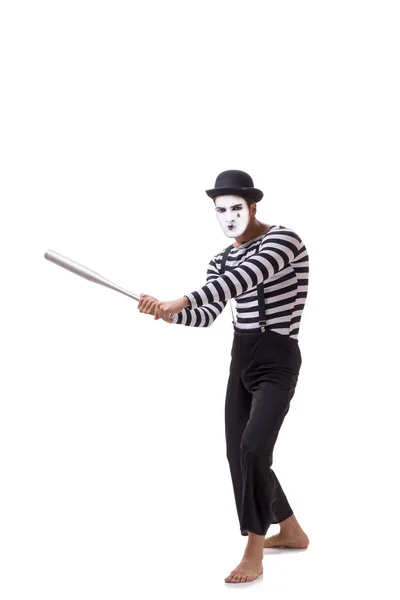 Mime met honkbalknuppel geïsoleerd op wit — Stockfoto