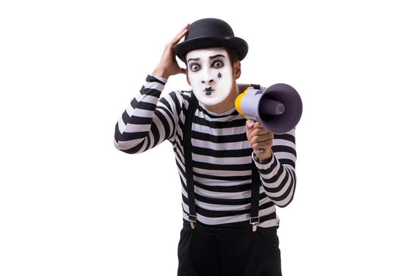 Mime avec mégaphone isolé sur fond blanc — Photo