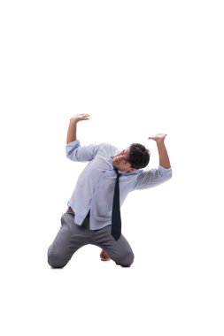 Yalınayak iş adamı beyaz arka planda izole edilmiş.