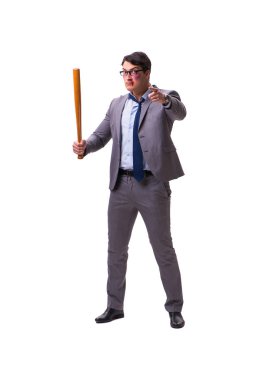 Beyzbol sopalı bir iş adamı beyazda izole edilmiş.