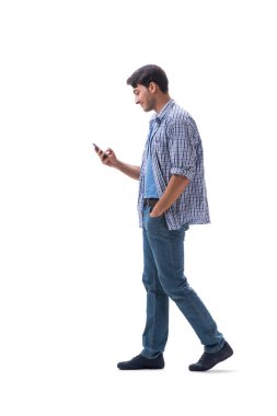 Genç öğrenci ile üzerine beyaz izole smartphone